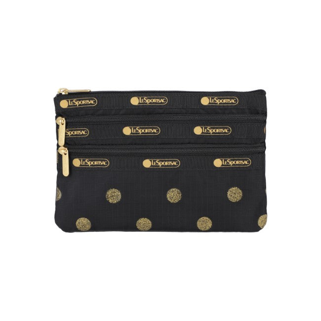 LeSportsac Unisex Pouch 3-Zip Cosmetic In Gold Glitter Dots - 44039373291822