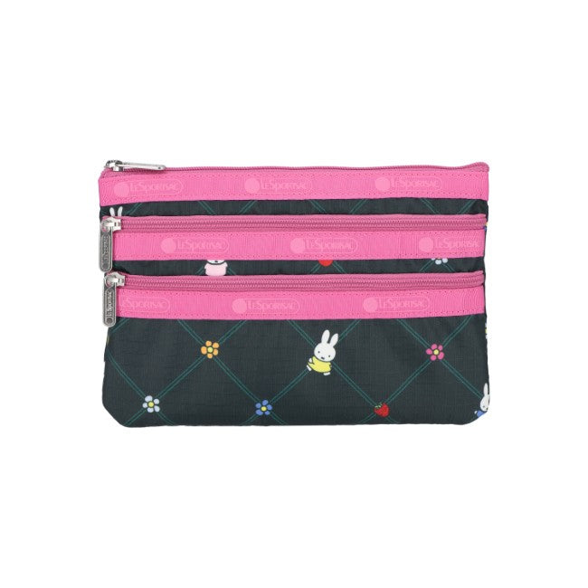 LeSportsac Unisex Pouch 3-Zip Cosmetic In Miffy Orchard Green/Pink - 44039374930222